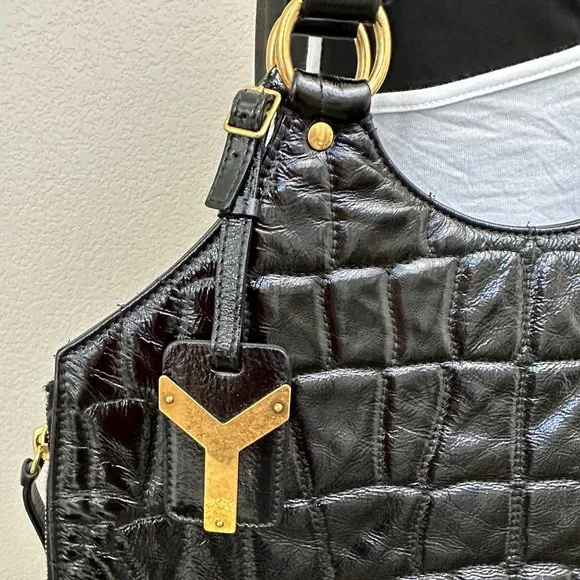 Vintage YSL Saint Laurent Black Patent Leather Croc Stitched Tribute Flat Tote